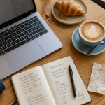 cafe teletravail ordinateur latte carnet