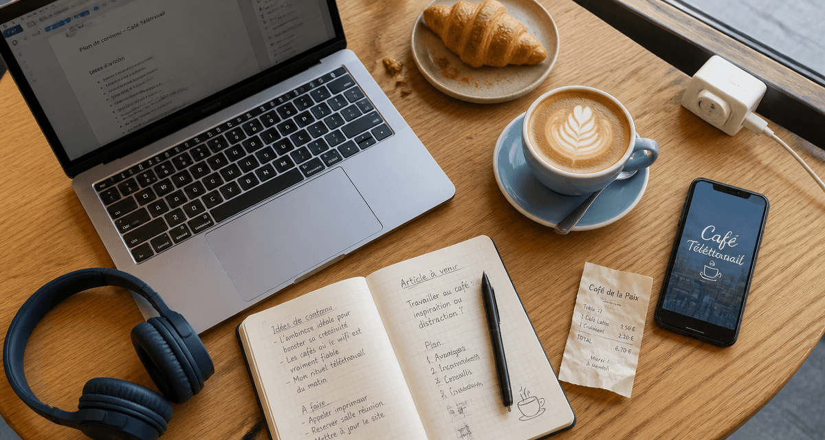 cafe teletravail ordinateur latte carnet