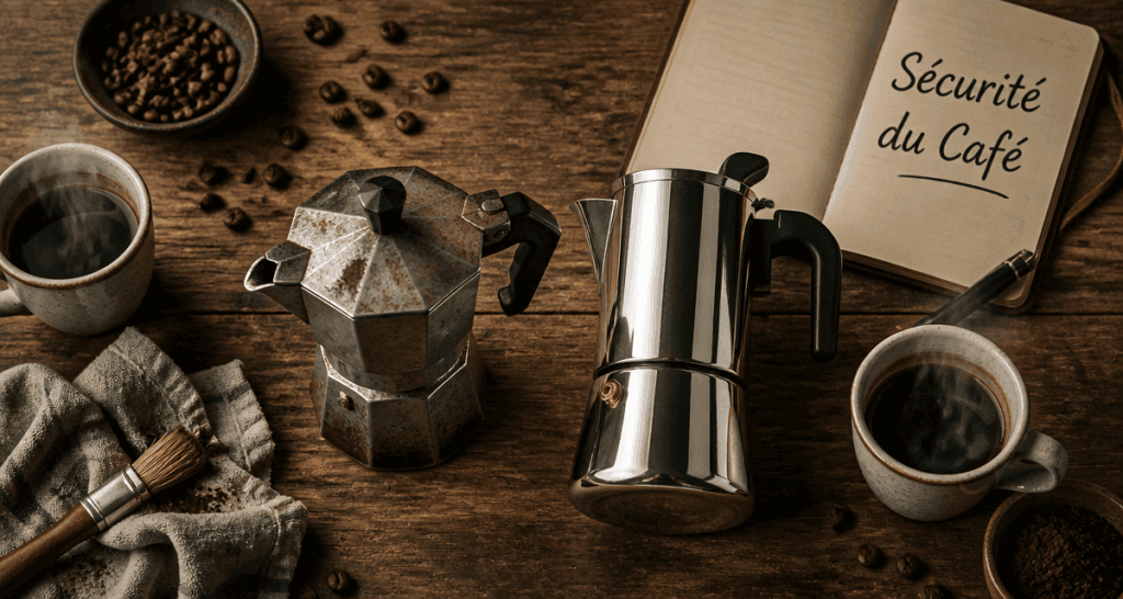 Cafetière italienne aluminium danger à côté d'une inox