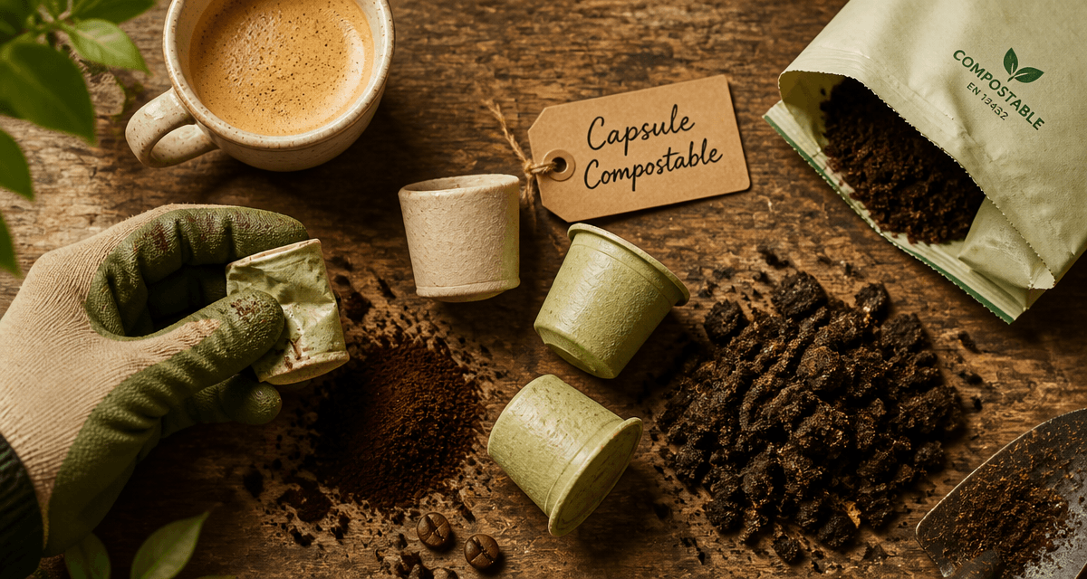 capsule nespresso compostable avis sur table avec marc et terre