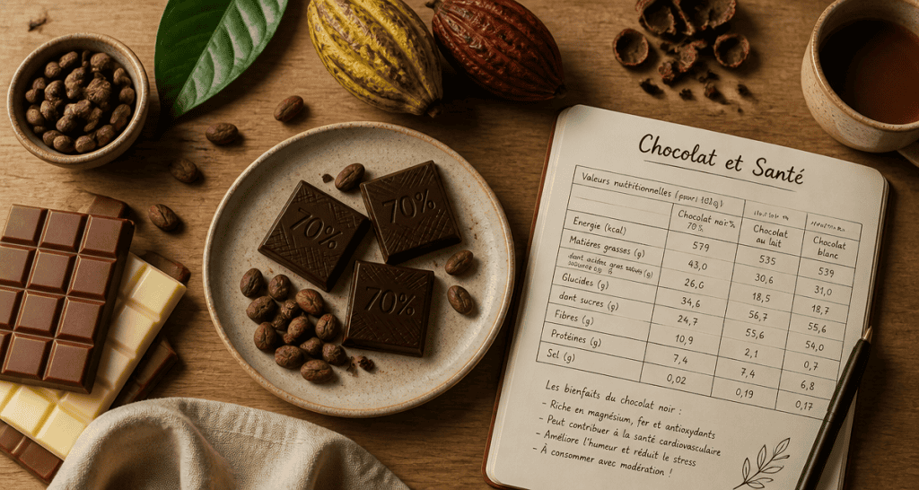 chocolat noir bienfaits et mefaits sur table