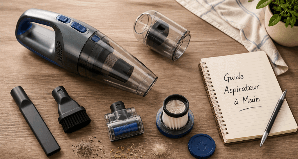 Comparatif aspirateur à main avec accessoires sur table