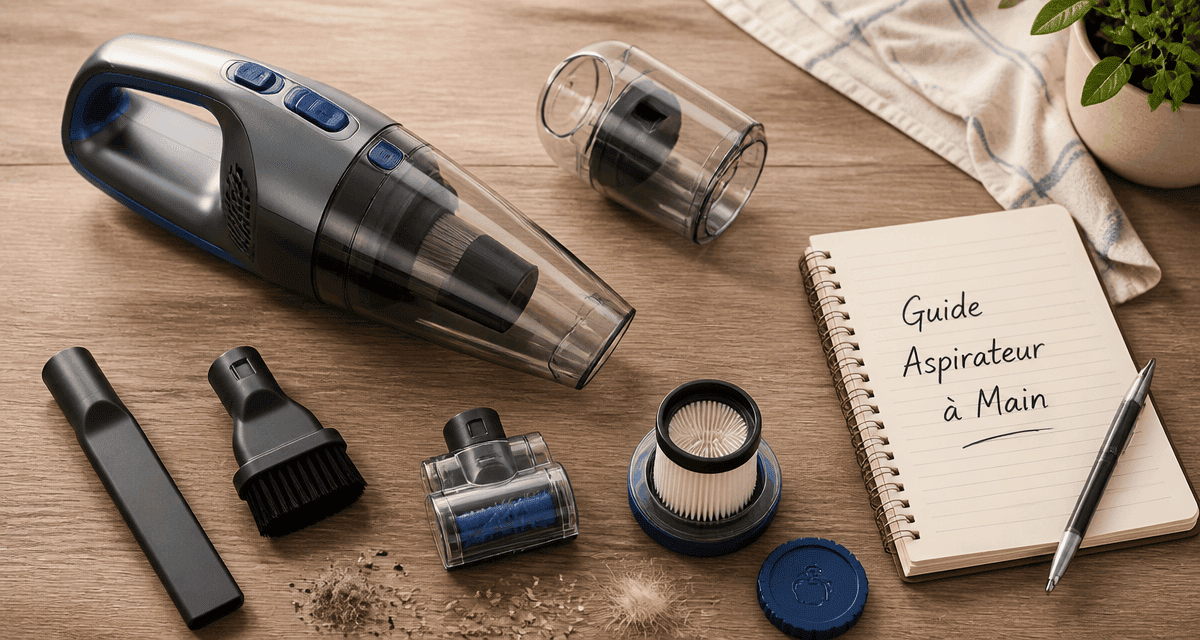 Comparatif aspirateur à main avec accessoires sur table