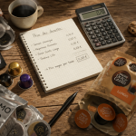 Dosette café prix sur table avec marques et calculatrice