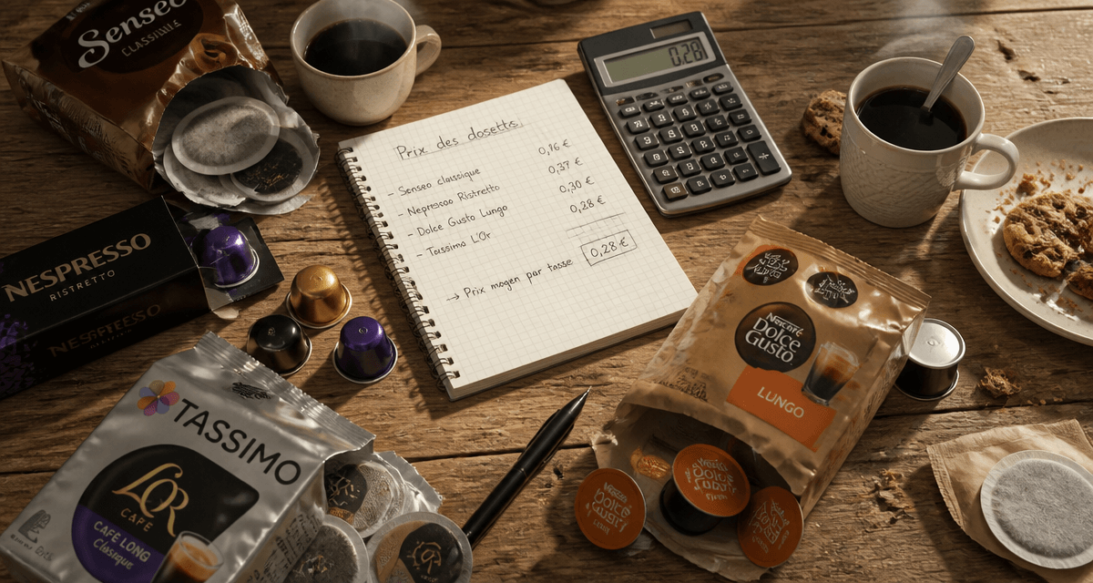 Dosette café prix sur table avec marques et calculatrice