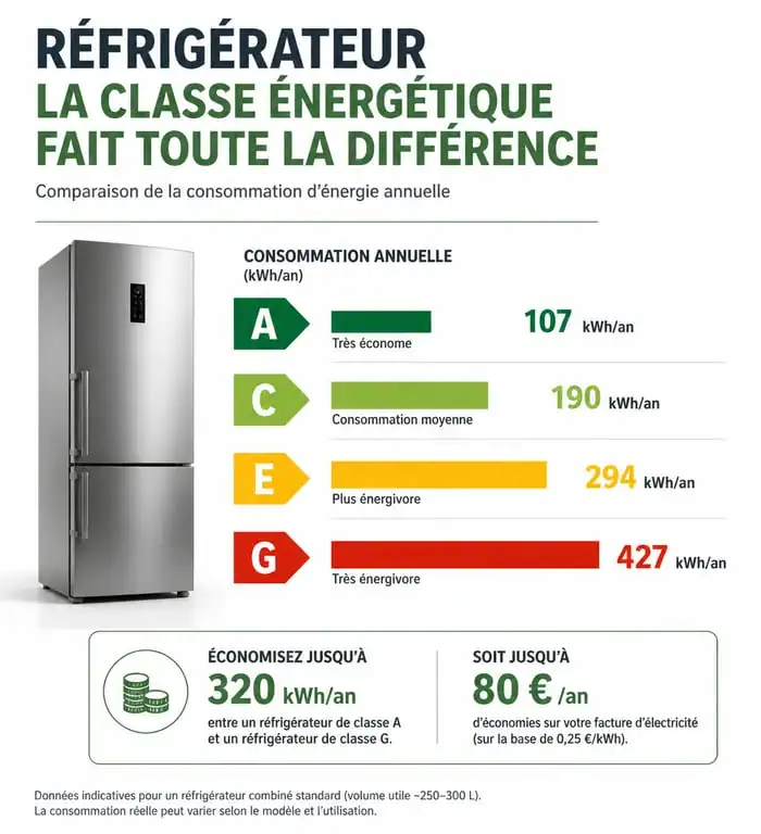 Comparatif visuel de la consommation énergétique par classe de réfrigérateur