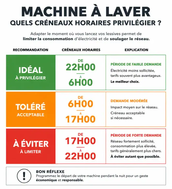 Infographie des horaires recommandés pour faire tourner sa machine à laver sans gêner le voisinage