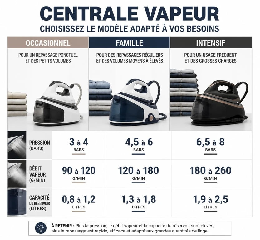 Infographie comparative pour choisir sa centrale vapeur selon son usage : occasionnel, famille ou intensif.