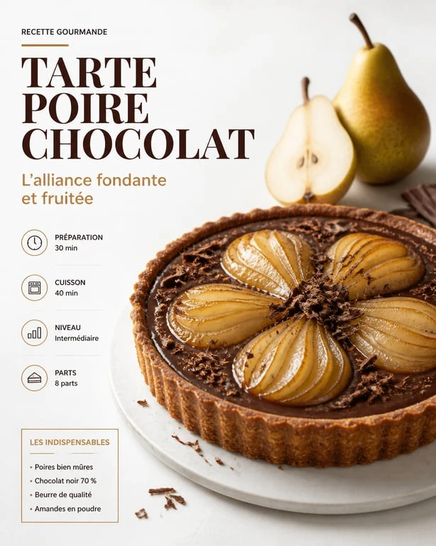 Tarte poire chocolat signature Cyril Lignac, une pâtisserie française gourmande et élégante.