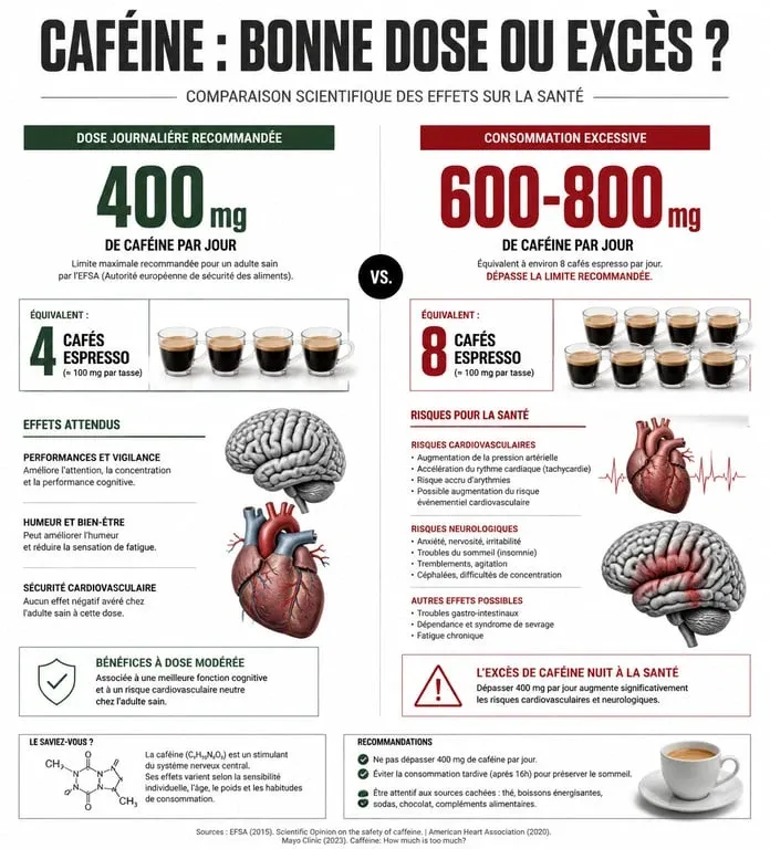 Infographie sur les risques de la consommation de 8 cafés par jour et la dose de caféine recommandée