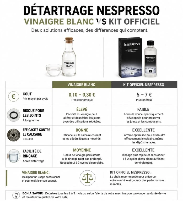 Infographie comparative détartrage Nespresso vinaigre blanc vs kit officiel