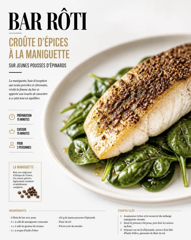 Filet de bar en croûte de maniguette et agrumes, une recette raffinée mettant en valeur les arômes de la graine de paradis.