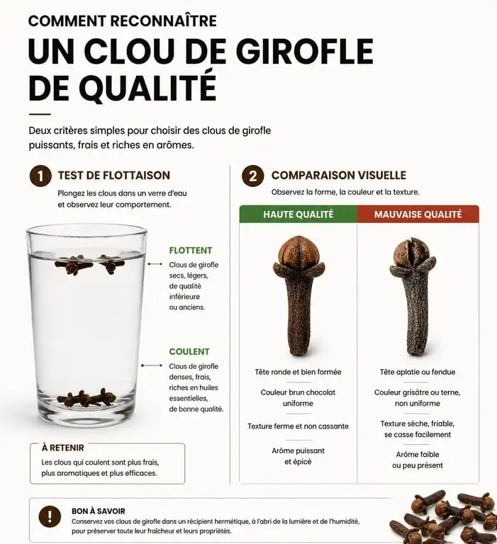 Infographie sur les critères de qualité du clou de girofle pour bien choisir son épice