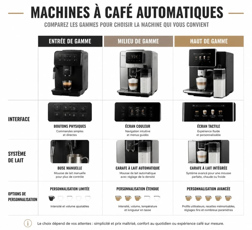 Infographie comparative des machines à café automatiques : entrée, milieu et haut de gamme pour choisir son modèle idéal.