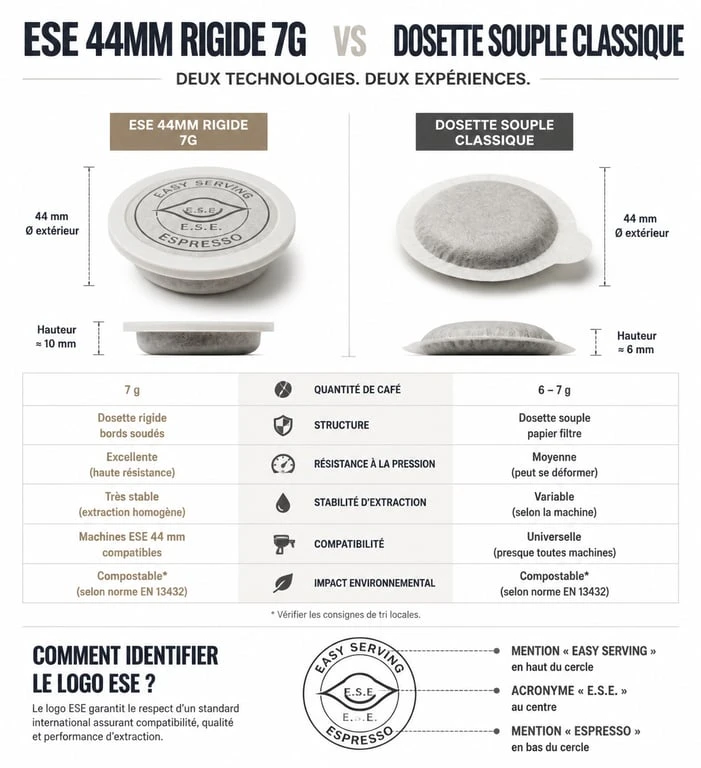 Infographie comparative des dosettes ESE 44mm pour machines expresso et dosettes souples