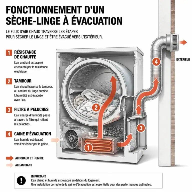Schéma du fonctionnement d'un sèche-linge à évacuation