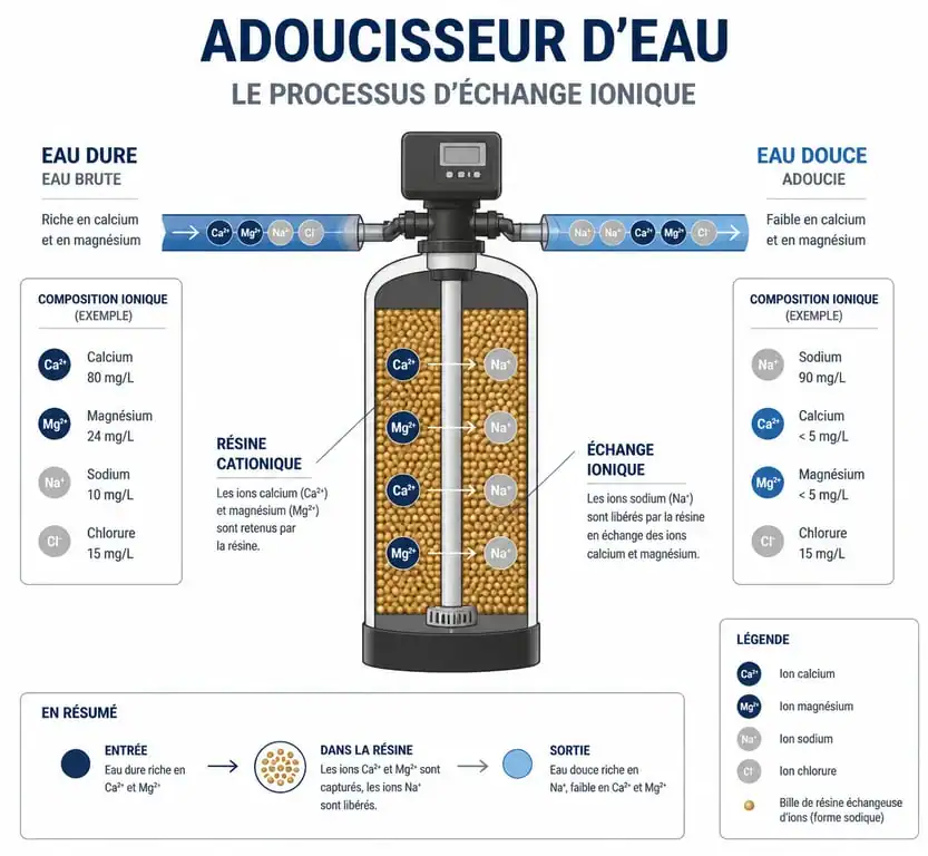 Schéma du fonctionnement d'un adoucisseur d'eau par échange ionique pour adoucir l'eau