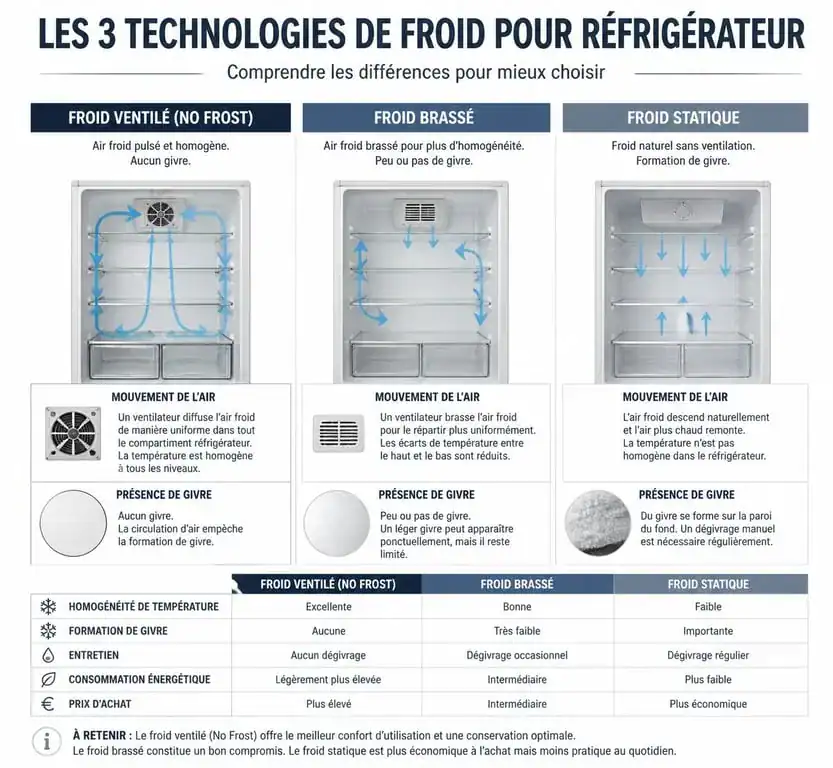 Comparatif des technologies de froid pour réfrigérateur : No Frost, brassé et statique