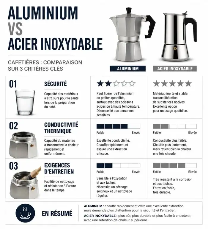 Infographie comparative : sécurité et entretien des cafetières en aluminium vs acier inoxydable