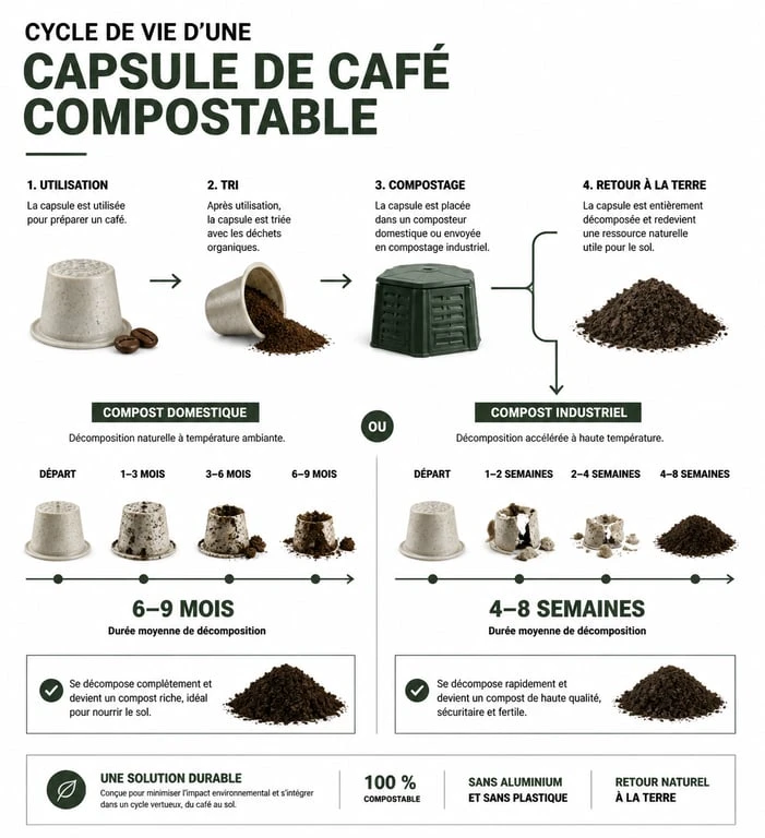 Infographie sur le cycle de vie et le compostage des capsules Nespresso compostables