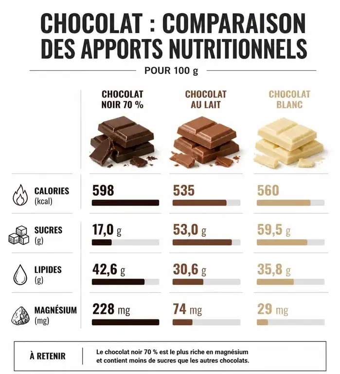 Infographie comparative des bienfaits nutritionnels du chocolat noir, chocolat au lait et chocolat blanc