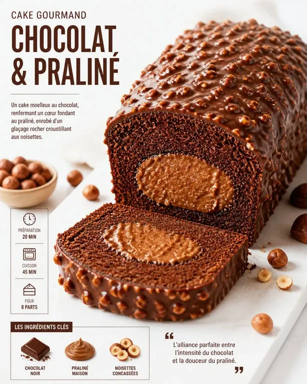 Cake chocolat praliné maison avec glaçage rocher et insert fondant