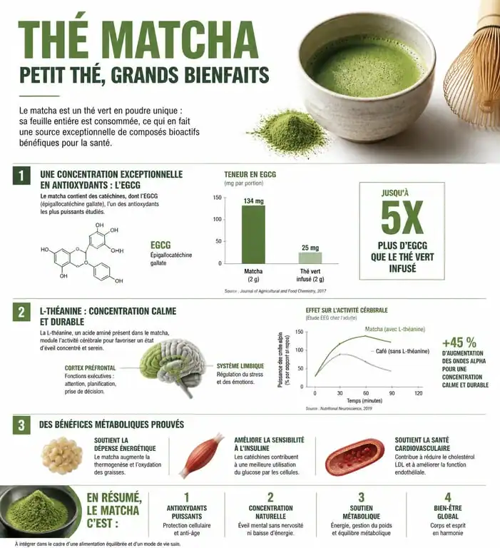 Infographie des bienfaits du thé matcha sur la santé et le métabolisme