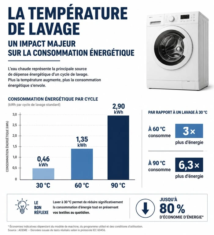 Infographie comparative de la consommation électrique d'une machine à laver selon la température de lavage