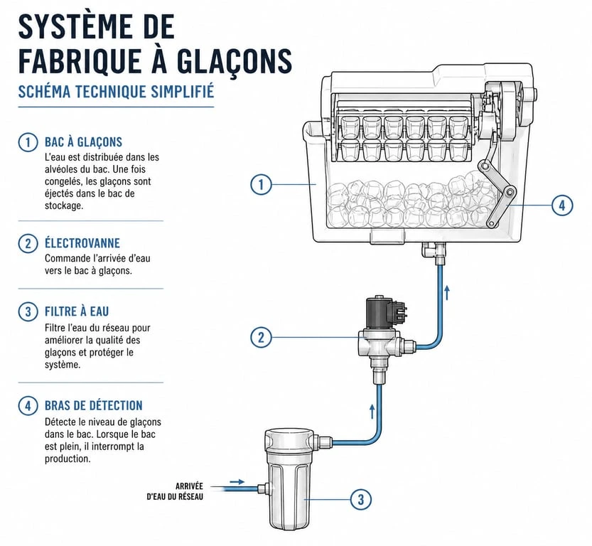 Schéma des composants d'un frigo américain pour diagnostic de panne de glaçons