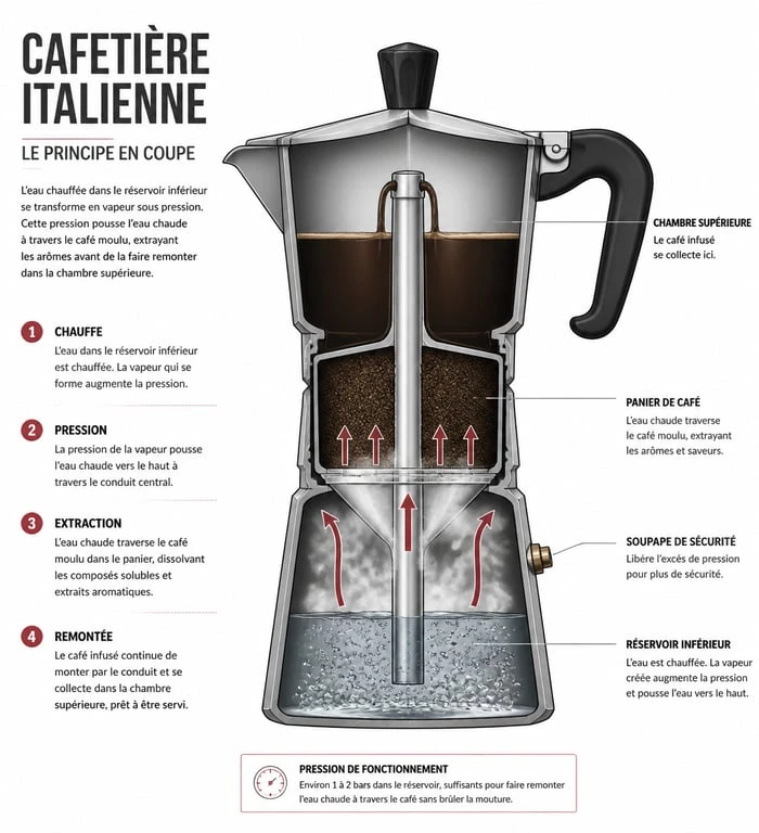 Schéma de fonctionnement d'une cafetière italienne montrant l'extraction du café par pression
