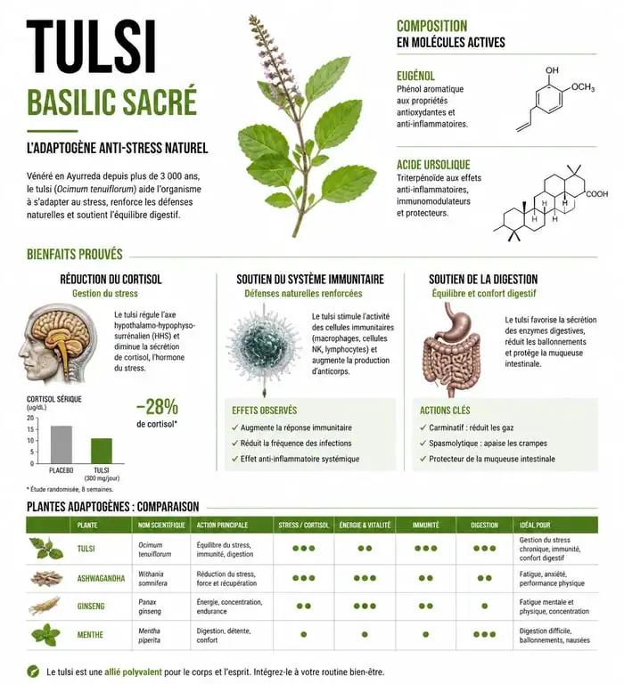 Infographie des bienfaits du tulsi et comparaison avec d'autres plantes adaptogènes pour la santé