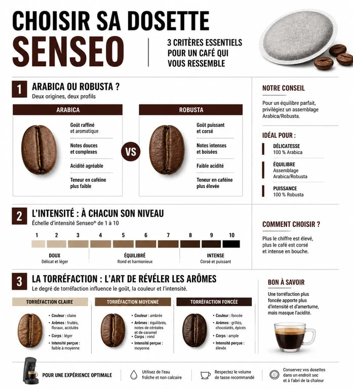 Infographie des critères pour choisir le meilleur café Senseo : Arabica, Robusta, intensité et torréfaction