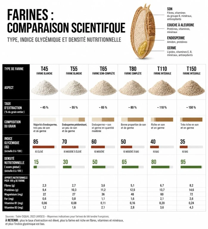 Infographie comparative des farines pour la santé : indice glycémique et densité nutritionnelle