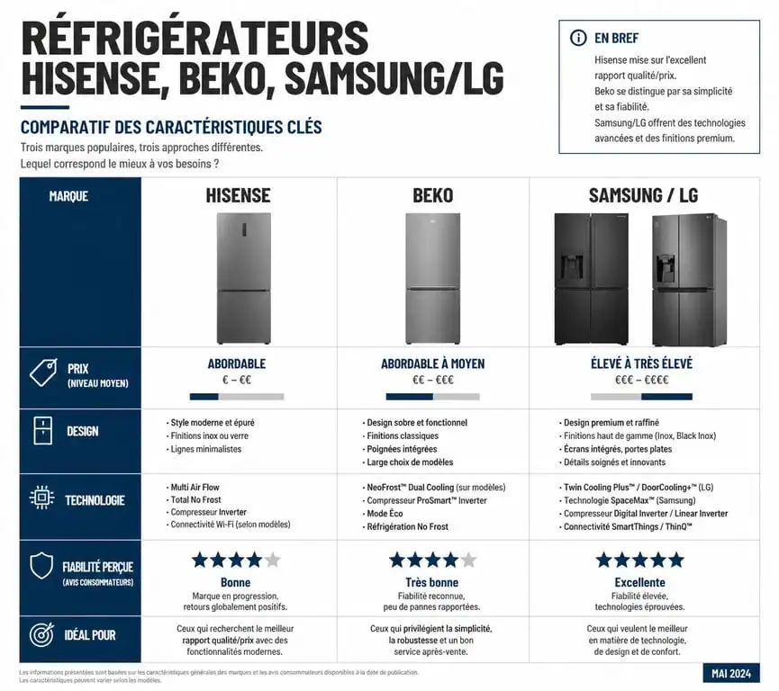 Comparatif des marques de réfrigérateurs Hisense, Beko et Samsung/LG pour évaluer le rapport qualité prix