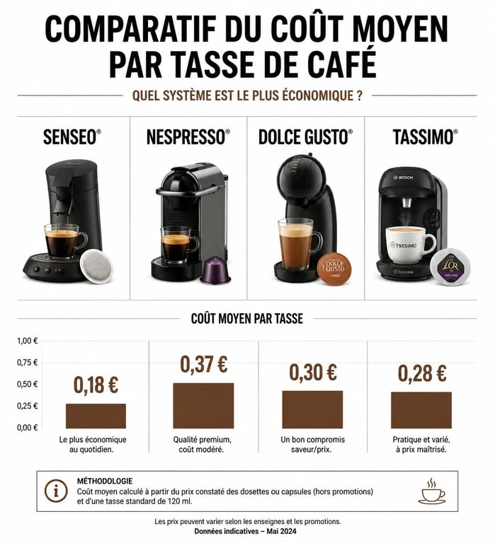 Comparatif du prix moyen par tasse de café selon le système de dosettes