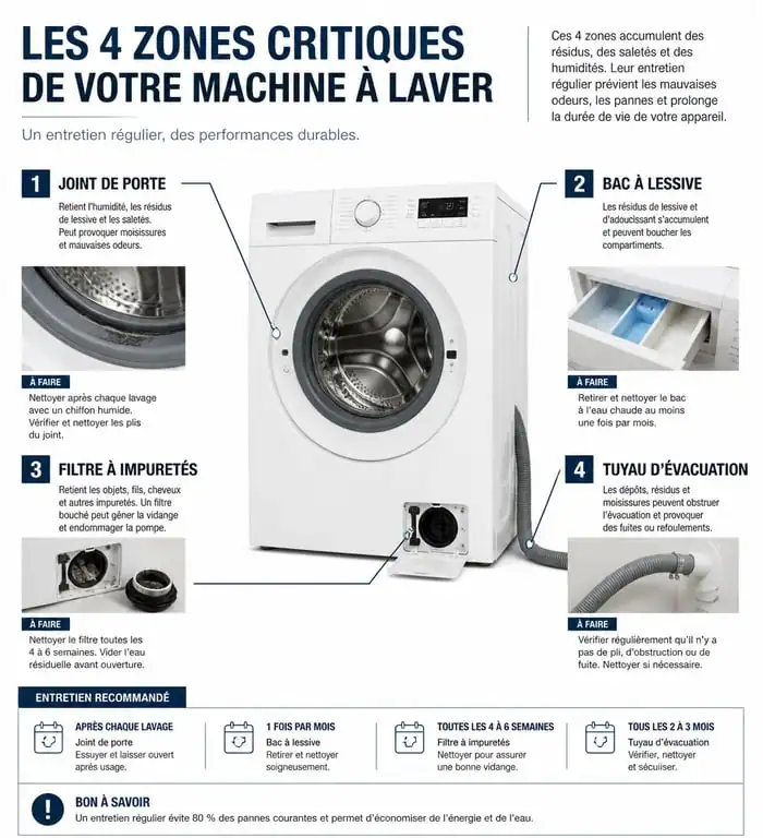 Schéma des 4 zones clés pour le nettoyage tambour machine à laver