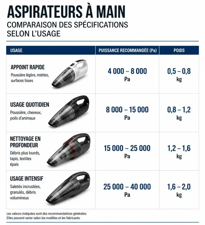 Infographie comparative des critères techniques pour choisir le meilleur aspirateur à main