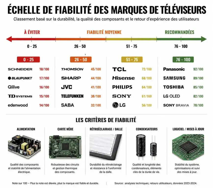 Infographie comparative des marques de TV à éviter et à privilégier pour une meilleure fiabilité.
