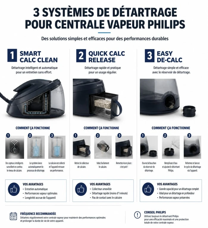 Infographie des systèmes de détartrage pour centrale vapeur Philips