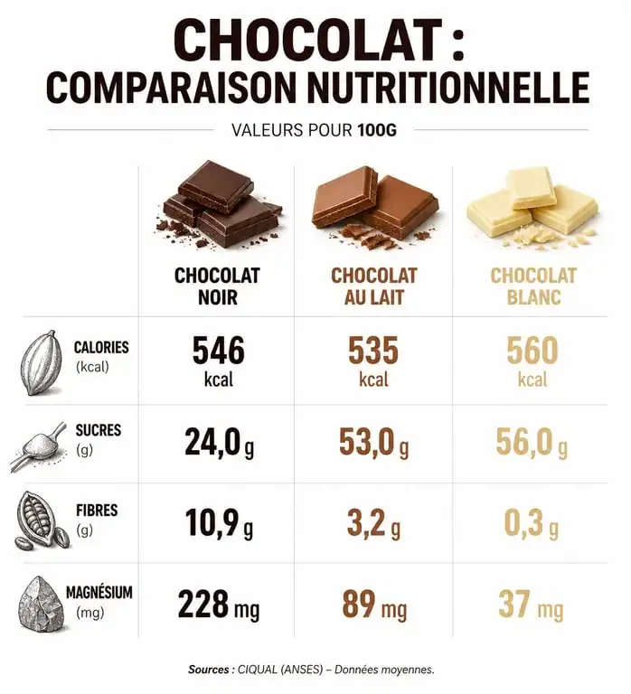 Infographie comparative des valeurs nutritionnelles du chocolat noir, au lait et blanc pour comprendre si le chocolat noir fait grossir