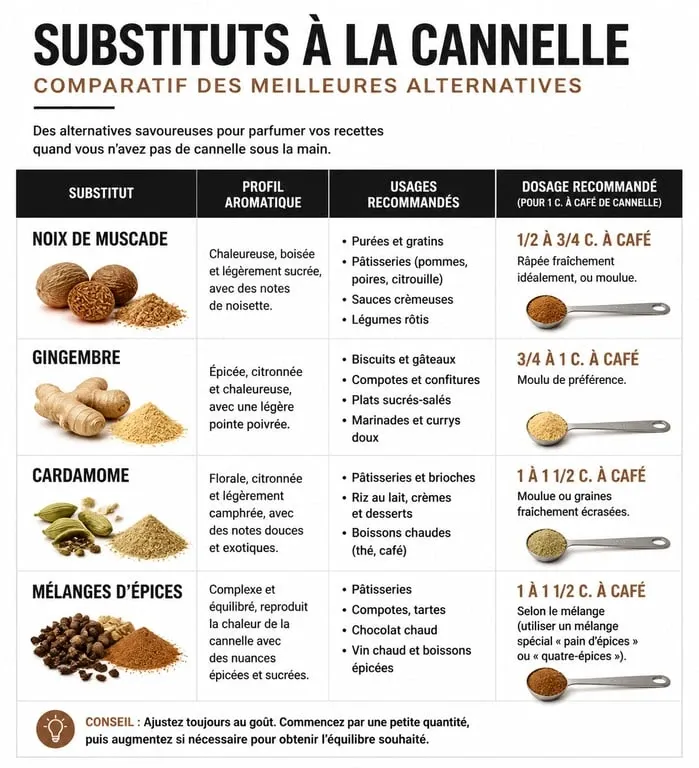 Tableau comparatif des meilleures alternatives pour remplacer la cannelle en cuisine