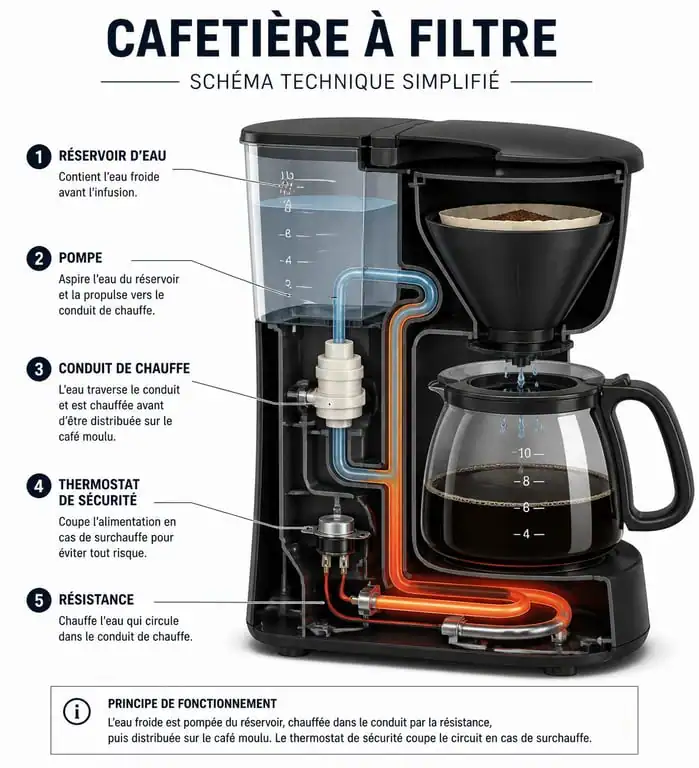 Schéma technique des composants internes d'une cafetière Russell Hobbs pour diagnostic de panne