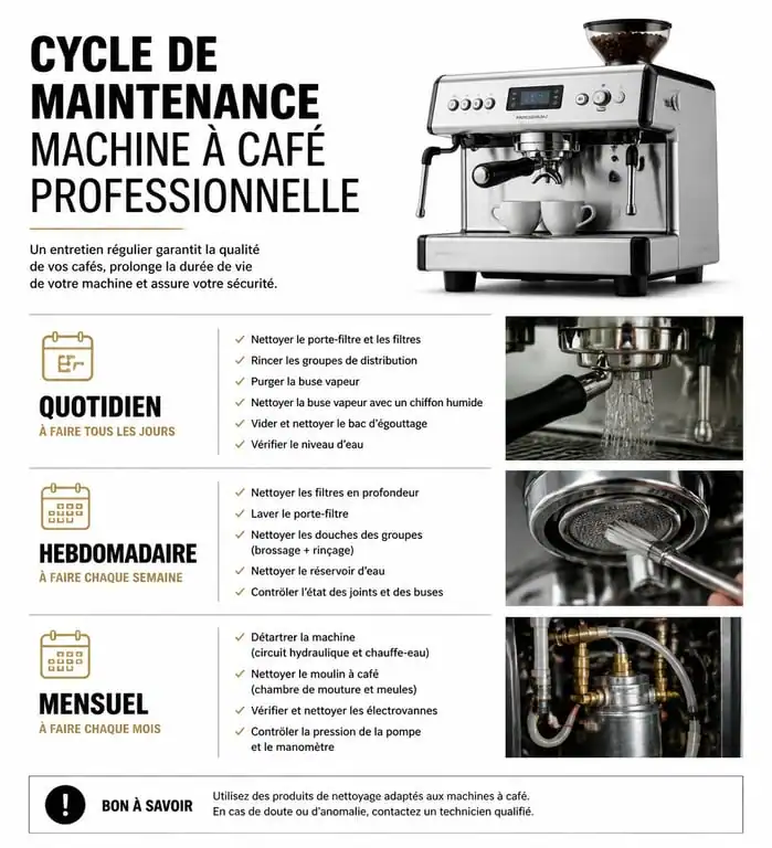 Infographie du cycle d'entretien d'une machine à café professionnelle