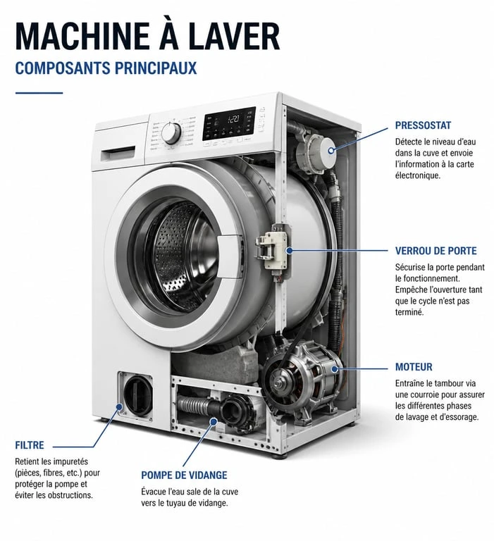 Schéma des composants d'une machine à laver Vedette pour diagnostic de panne