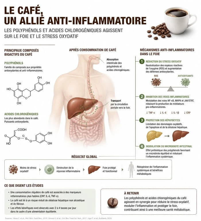 Infographie sur les bienfaits anti-inflammatoires du café et son action sur la santé hépatique