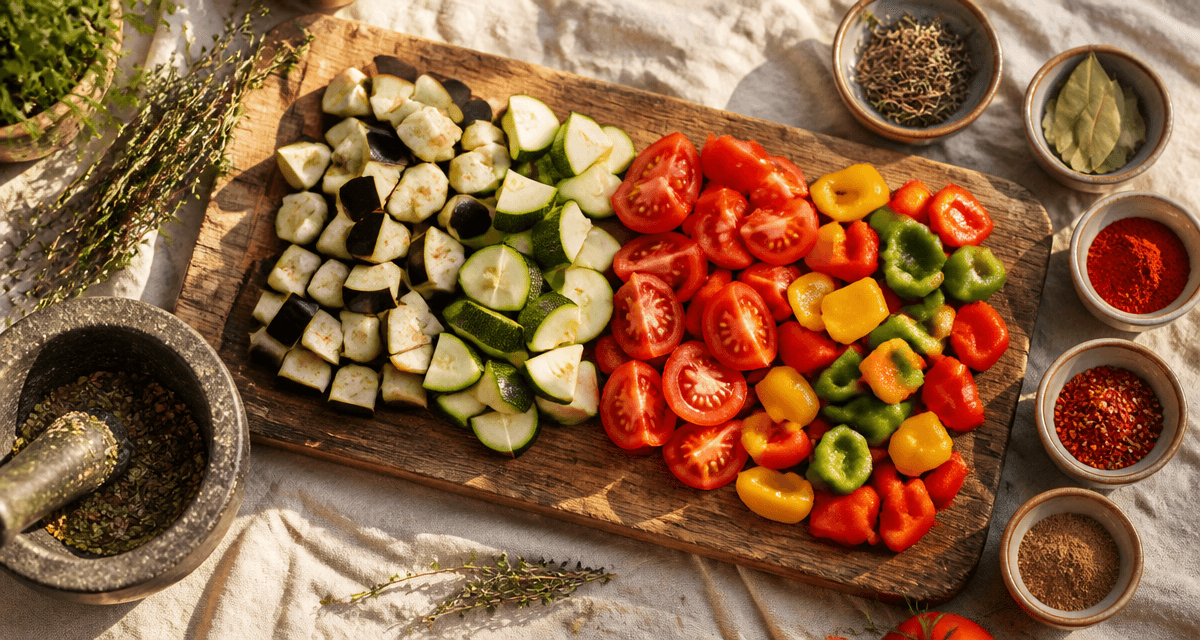 épices pour ratatouille sur planche avec légumes