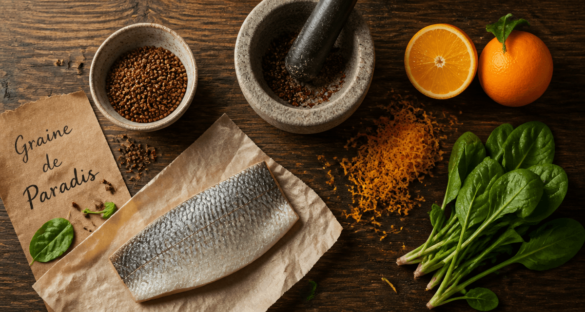 Graines de maniguette et ingrédients sur table