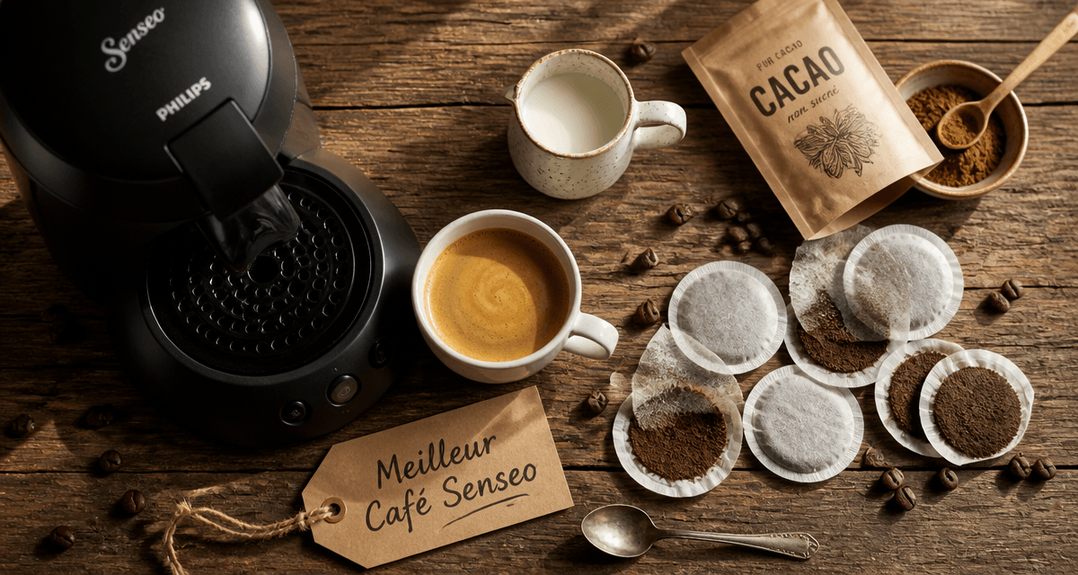 Meilleur café Senseo, machine et dosettes sur table