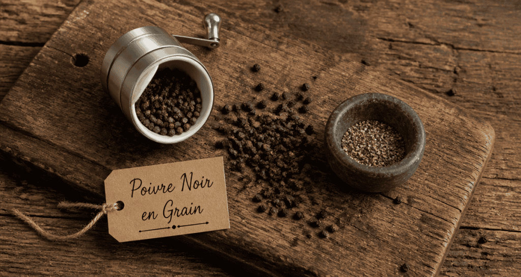 poivre noir en grain moulin mortier