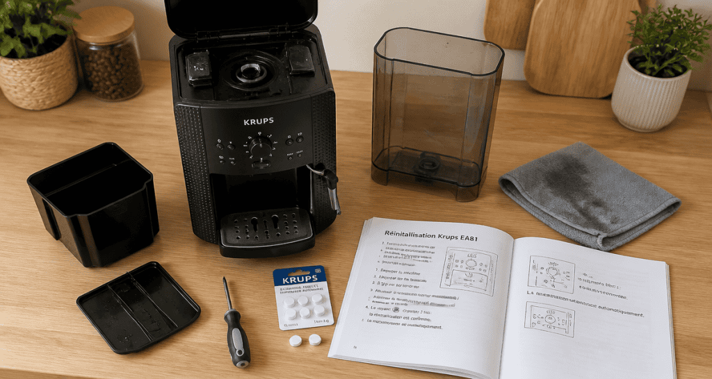 Réinitialiser machine à café Krups à grain EA81, vue dessus pièces et manuel